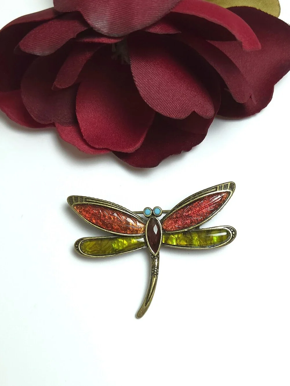 Vintage Liz Claiborne Red Lucite & Abalone Dragon Fly Brooch Antiqued Gold
